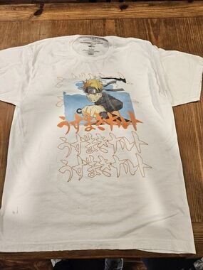 Hurley White Tee with Blue Square and Orange Naruto Graphic